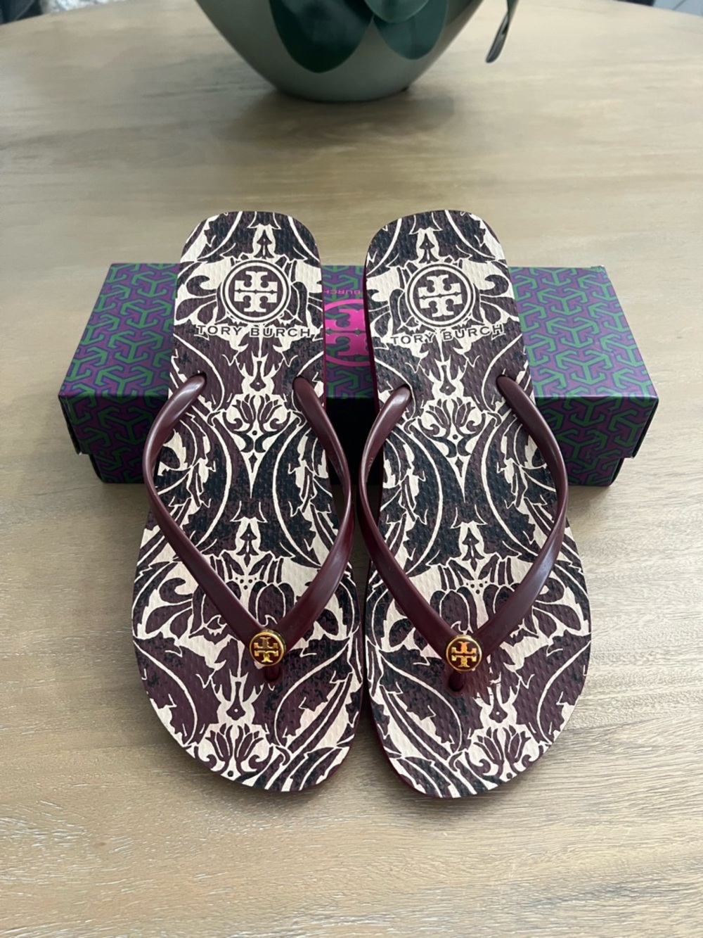 Tory Burch Burgundy Patterned Logo Flip Flop Sandals